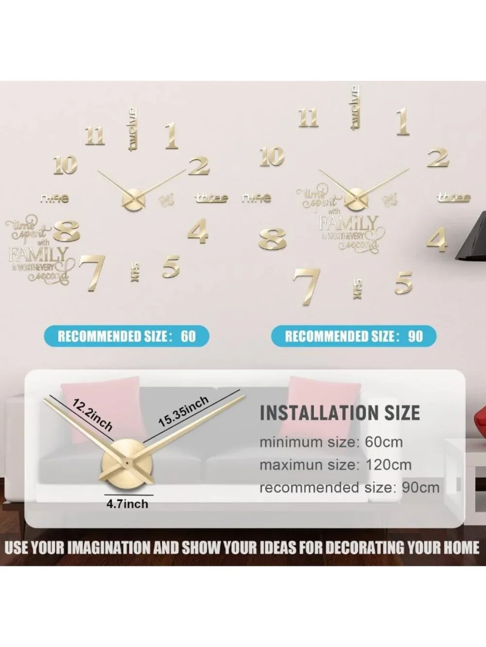 3D Large Frameless DIY Wall Clock - Modern Home Decor, Family Quote Stickers